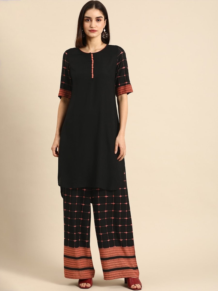 All About You Women Black & Pink Regular Round Neck Kurta with Palazzos - Distacart
