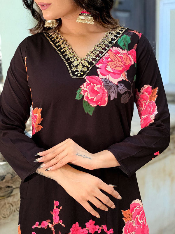 Kalini Floral Printed V-Neck Regular Gotta Patti Kurta ,Trousers & Dupatta - Distacart
