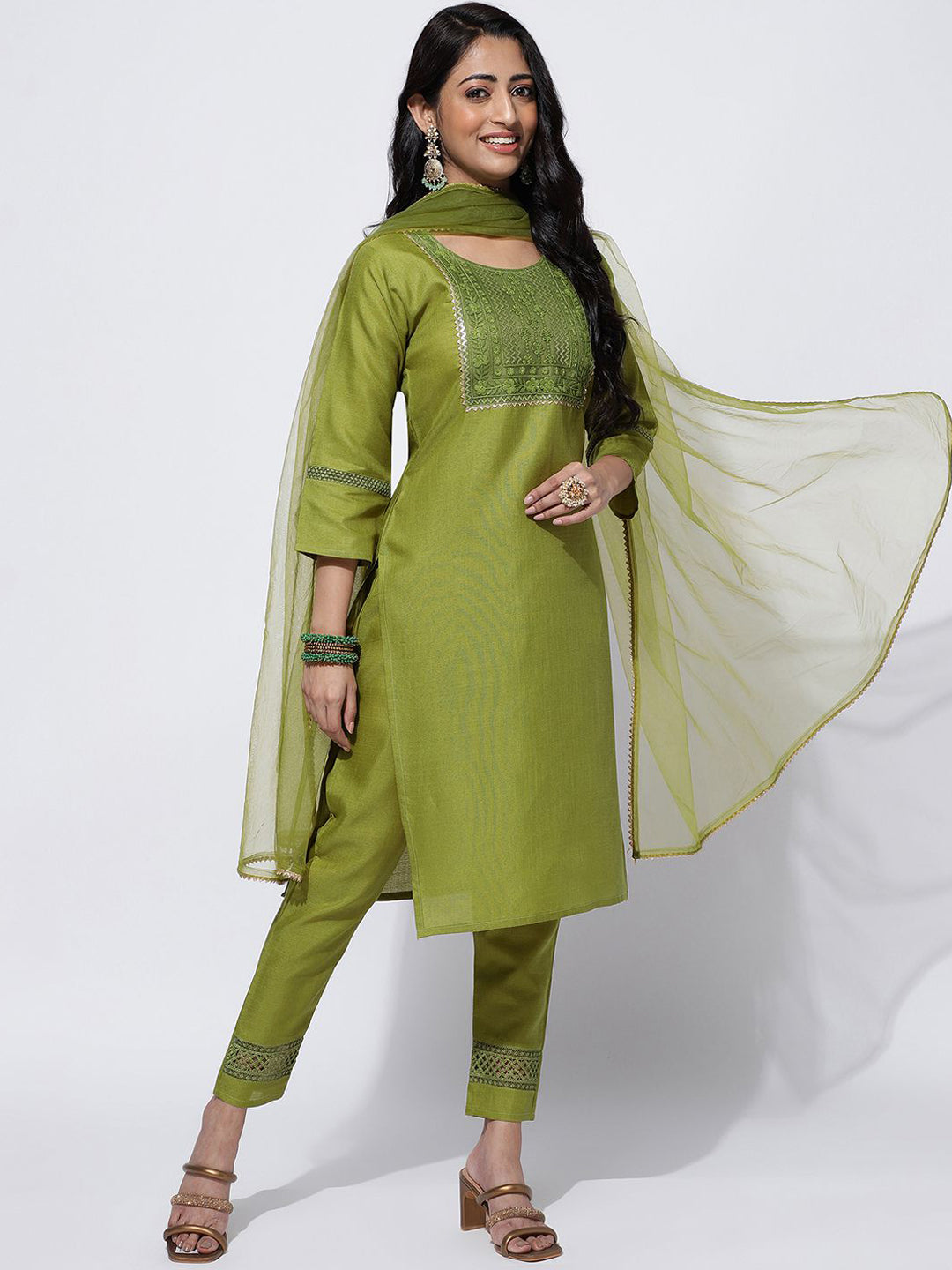 Kalini Ethnic Motifs Embroidered Yoke Design Kurta With Trousers & Dupatta - Distacart