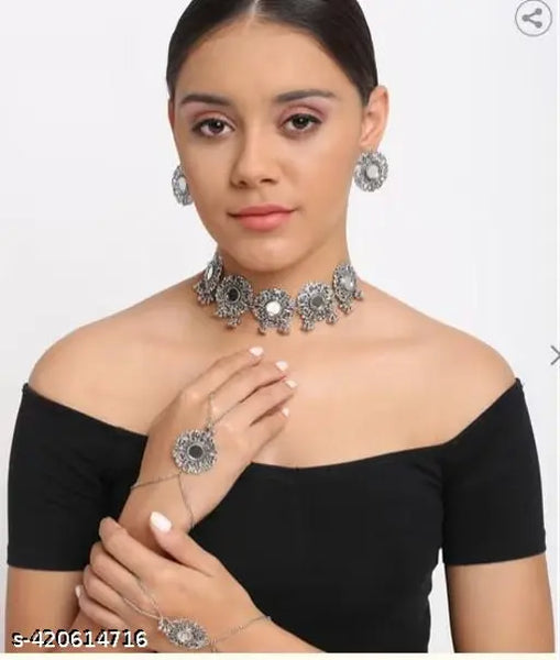 Tehzeeb Creations Women's Silver Plated Oxidised Necklace Set With Bracelet - Distacart