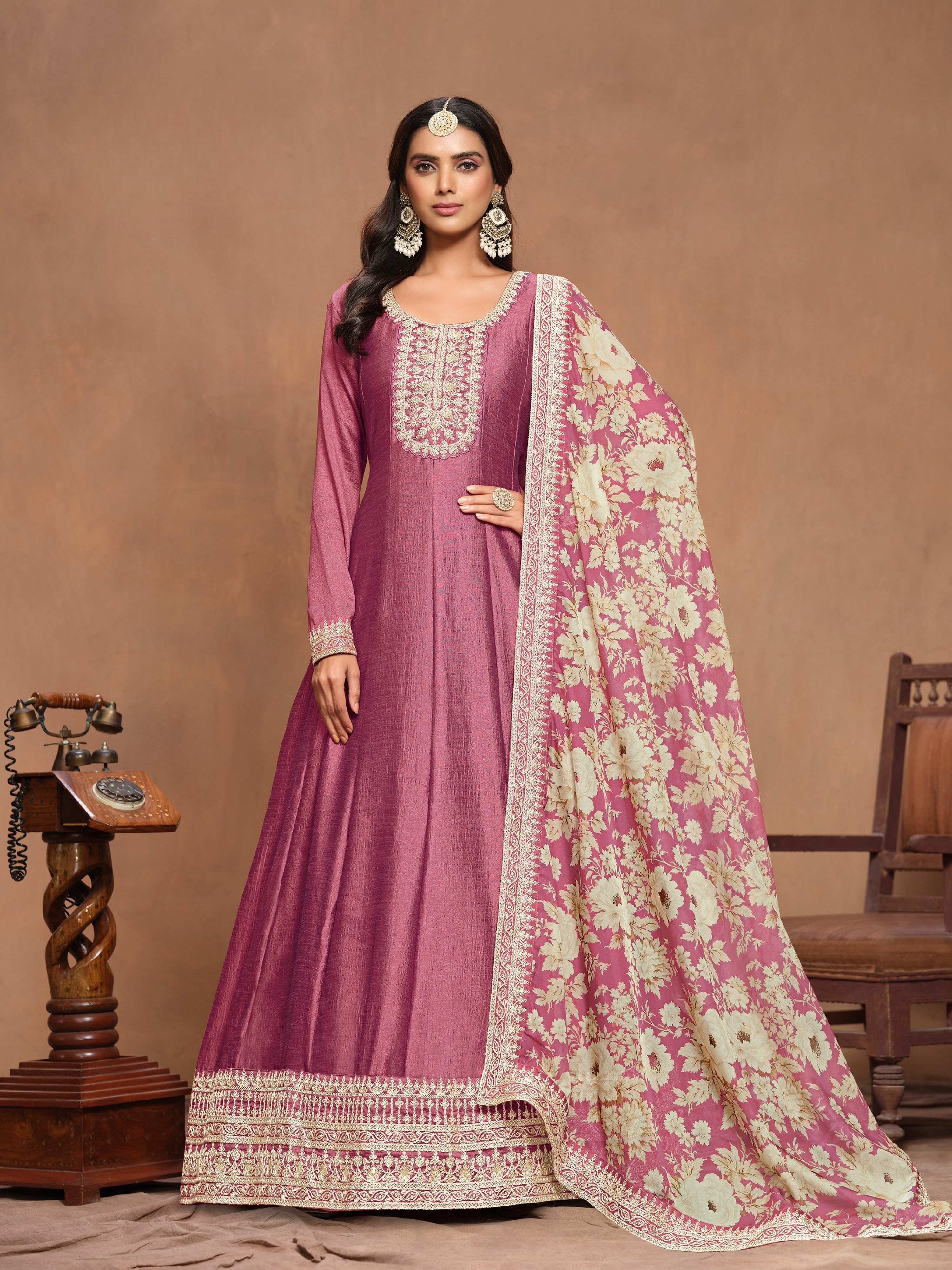 Anaita Pink Embroidered Art Silk Anarkali Suit - Distacart