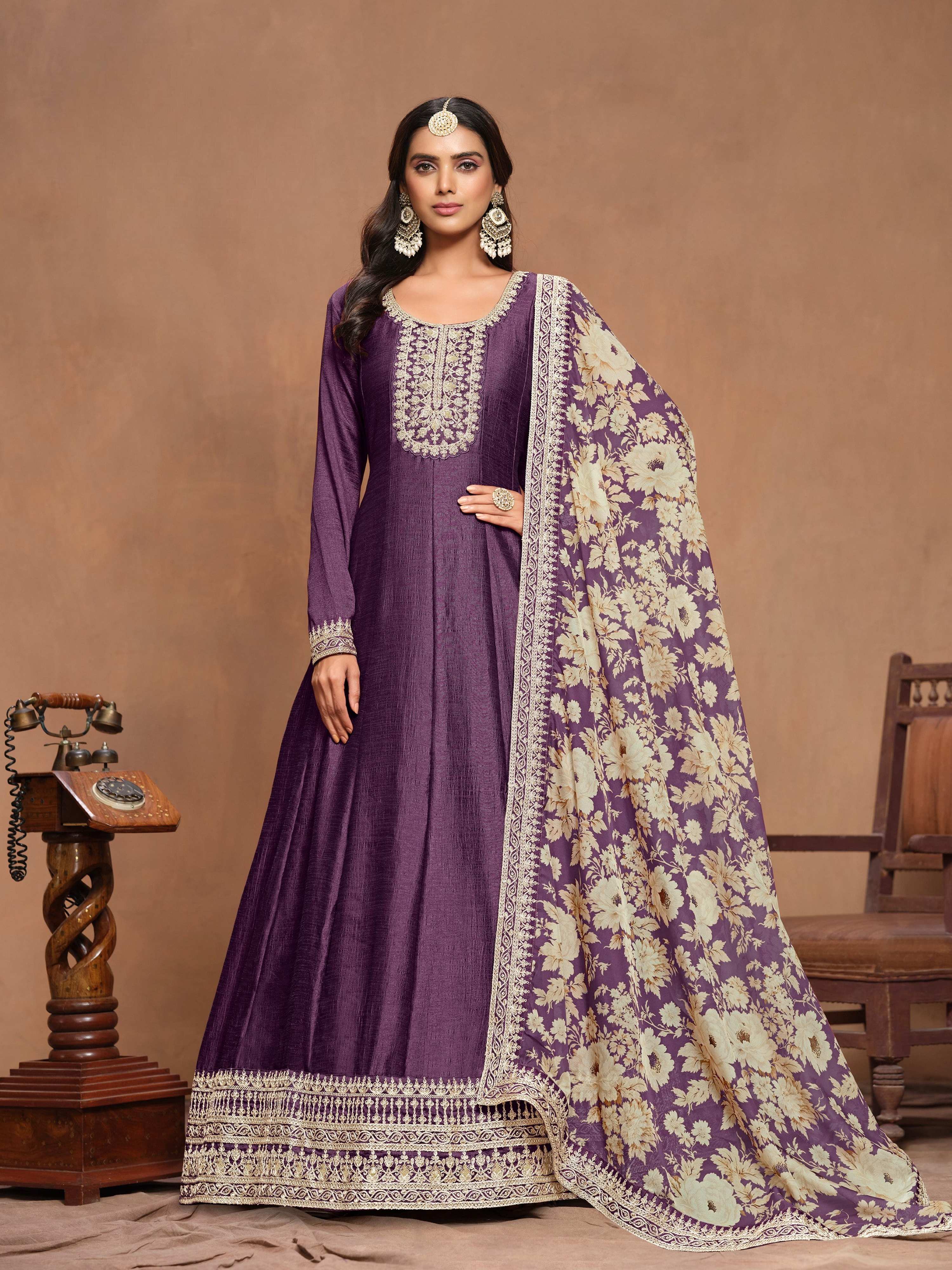 Anaita Purple Embroidered Art Silk Anarkali Suit - Distacart