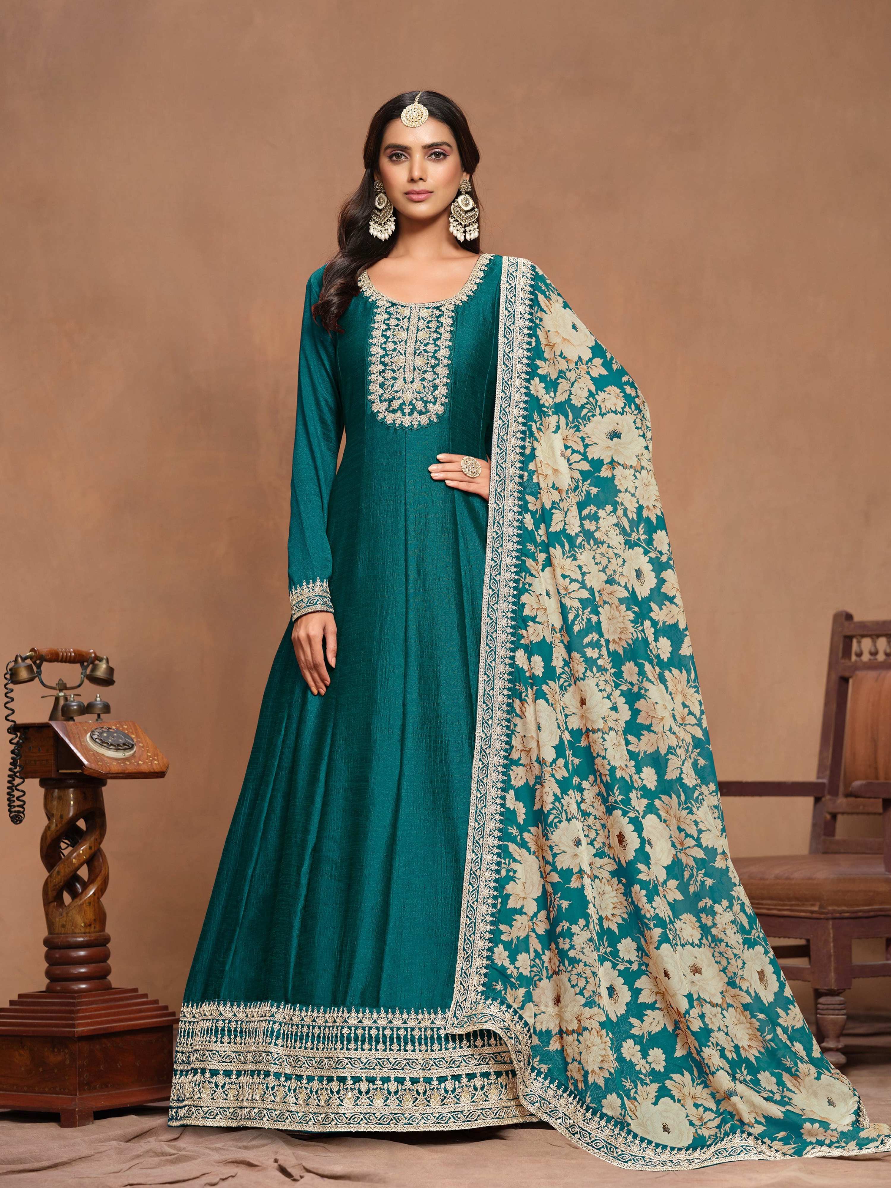 Anaita Teal Green Embroidered Art Silk Anarkali Suit - Distacart