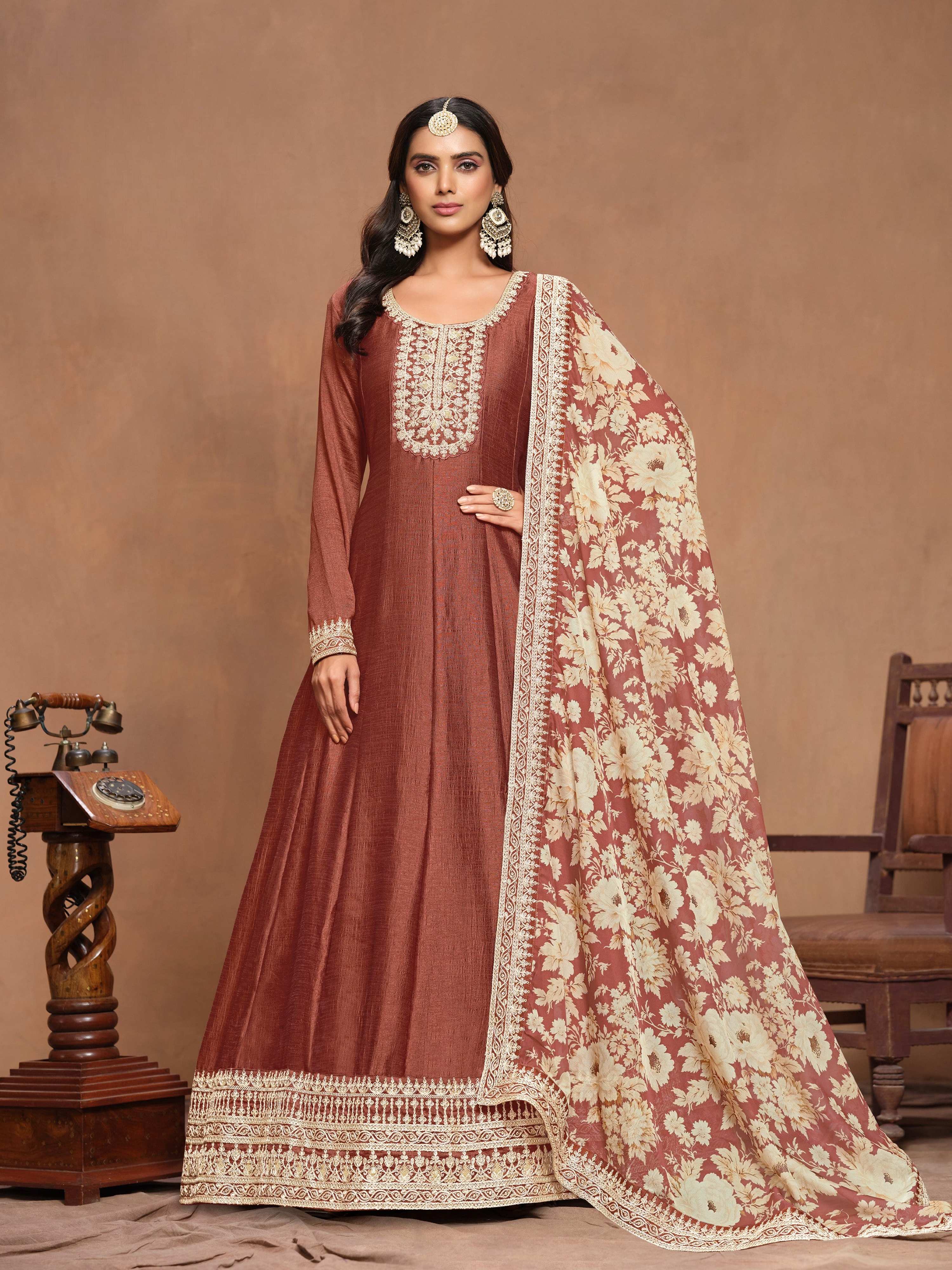 Anaita Coffee Embroidered Art Silk Anarkali Suit - Distacart