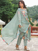 Thumbnail for Kalini Floral Printed V-Neck Straight Kurta & Trousers With Dupatta - Distacart