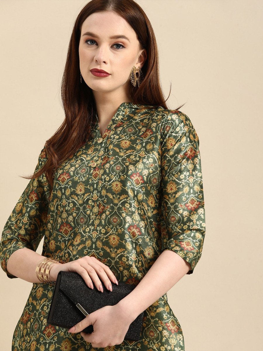 All About You Women Green & Mustard Yellow Ethnic Motifs Print Chanderi Silk Blend Kurta - Distacart