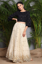 Thumbnail for Juniper Ivory Floral Printed Rayon Slub Lehenga Choli Set With Sequins Embellishments - Distacart