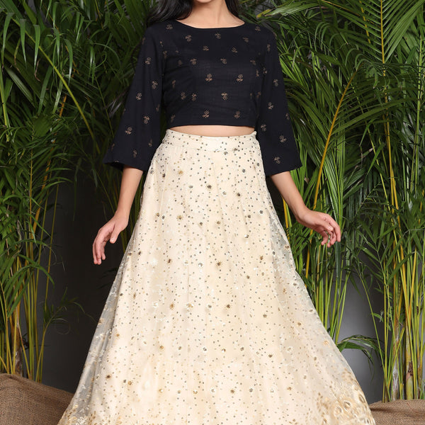 Juniper Ivory Floral Printed Rayon Slub Lehenga Choli Set With Sequins Embellishments - Distacart