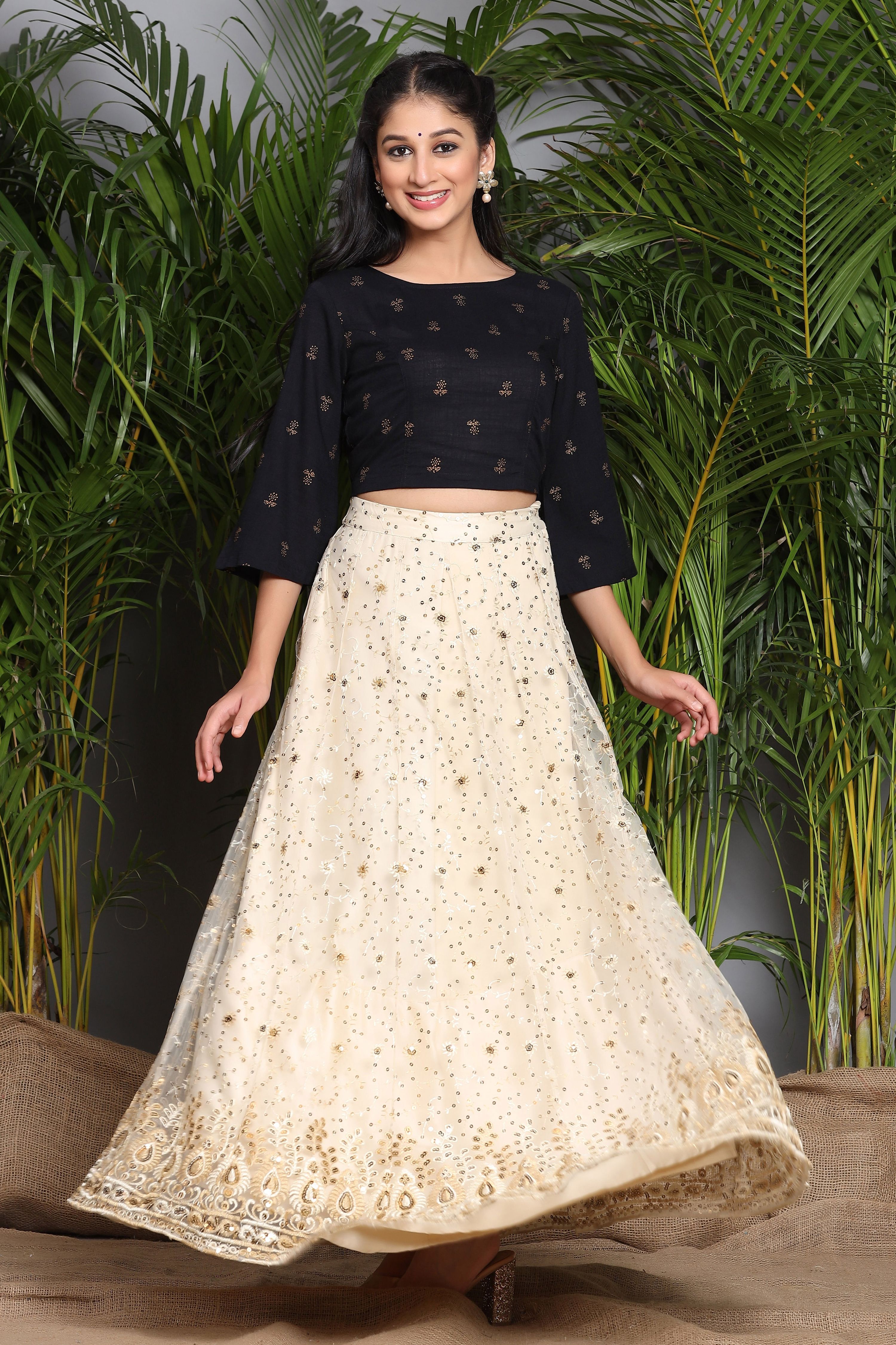 Juniper Ivory Floral Printed Rayon Slub Lehenga Choli Set With Sequins Embellishments - Distacart