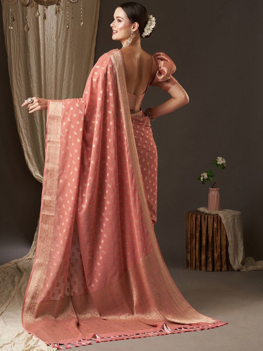 Anouk Peach-Coloured & Gold-Toned Woven Design Zari Pure Georgette Kanjeevaram Saree - Distacart