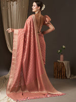Thumbnail for Anouk Peach-Coloured & Gold-Toned Woven Design Zari Pure Georgette Kanjeevaram Saree - Distacart