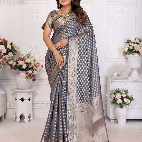 Aastha Fashion Grey Organza Silk Weaving Saree - Distacart
