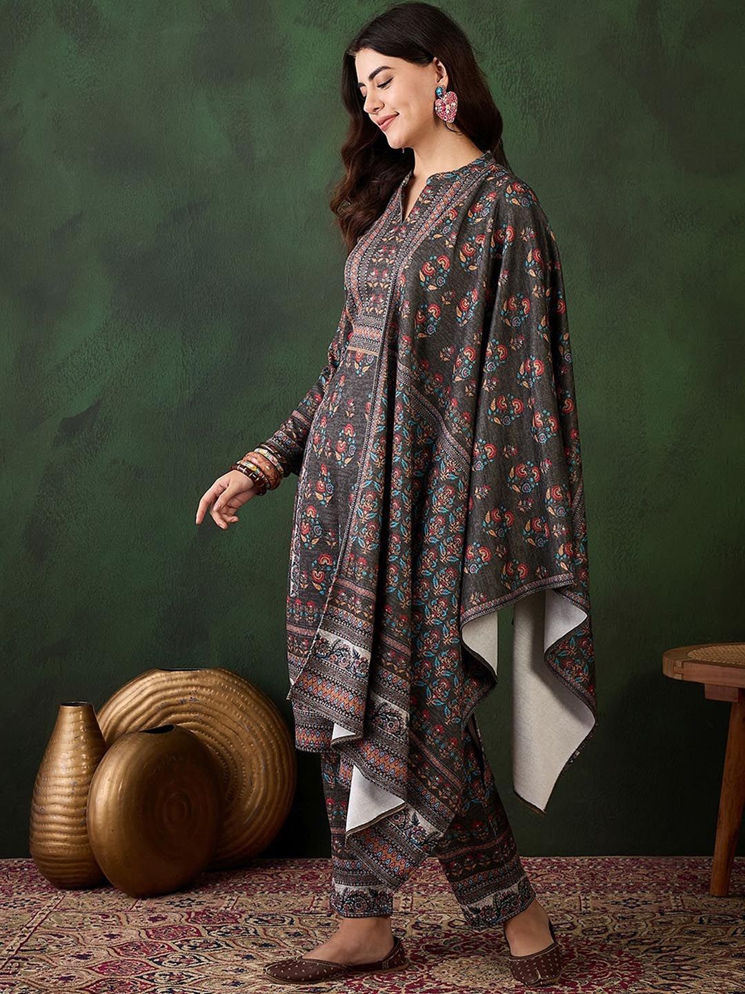 Sangria Self Design Winter Pashmina Straight Kurta & Trouser With Dupatta