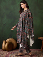 Thumbnail for Sangria Self Design Winter Pashmina Straight Kurta & Trouser With Dupatta