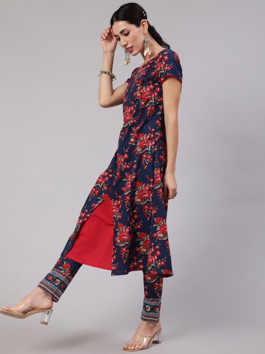 Aks Floral Printed Round Neck A-Line Kurta - Distacart