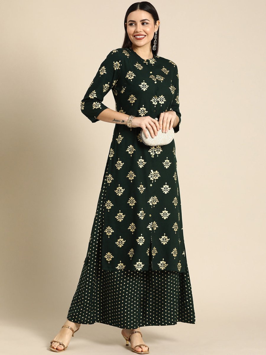 All About You Women Green & Gold-toned Ethnic Motifs Printed Kurta with Palazzos - Distacart