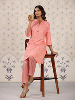 Thumbnail for Ode by House of Pataudi Coral & White Floral Printed Mandarin Collar Kurta With Palazzos - Distacart