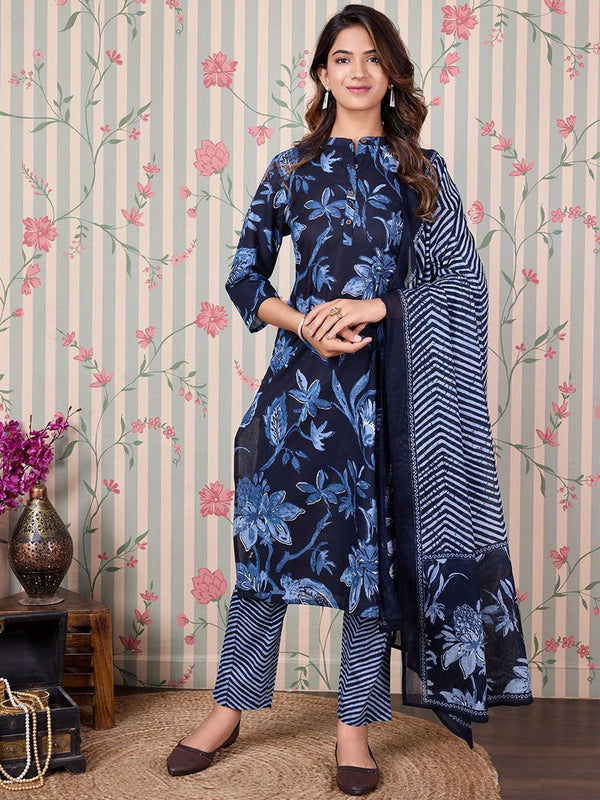 Ode by House of Pataudi Floral Printed Regular Pure Cotton Kurta with Trousers & Dupatta - Distacart