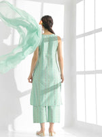 Thumbnail for Anouk Turquoise Blue Striped Thread Work Pure Cotton Kurta with Palazzos & Dupatta