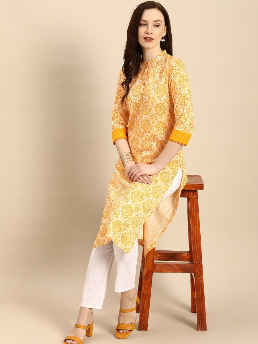 All About You Women Gold-Toned & White Printed Kurta - Distacart