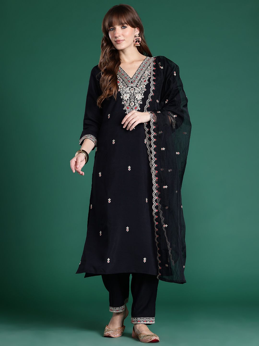 Indo Era Ethnic Motifs Embroidered Sequinned Kurta With Trousers & Dupatta