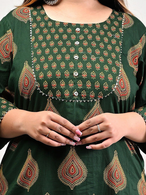 Swasti Women Plus Size Green Geometric Printed Floral Cotton Kurta