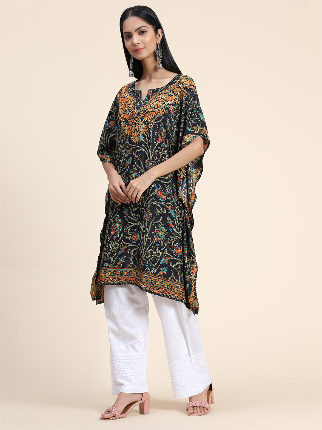 HOUSE OF KARI Ethnic Motifs Printed Chikankari Embroidery Cotton Kaftan Kurta - Distacart