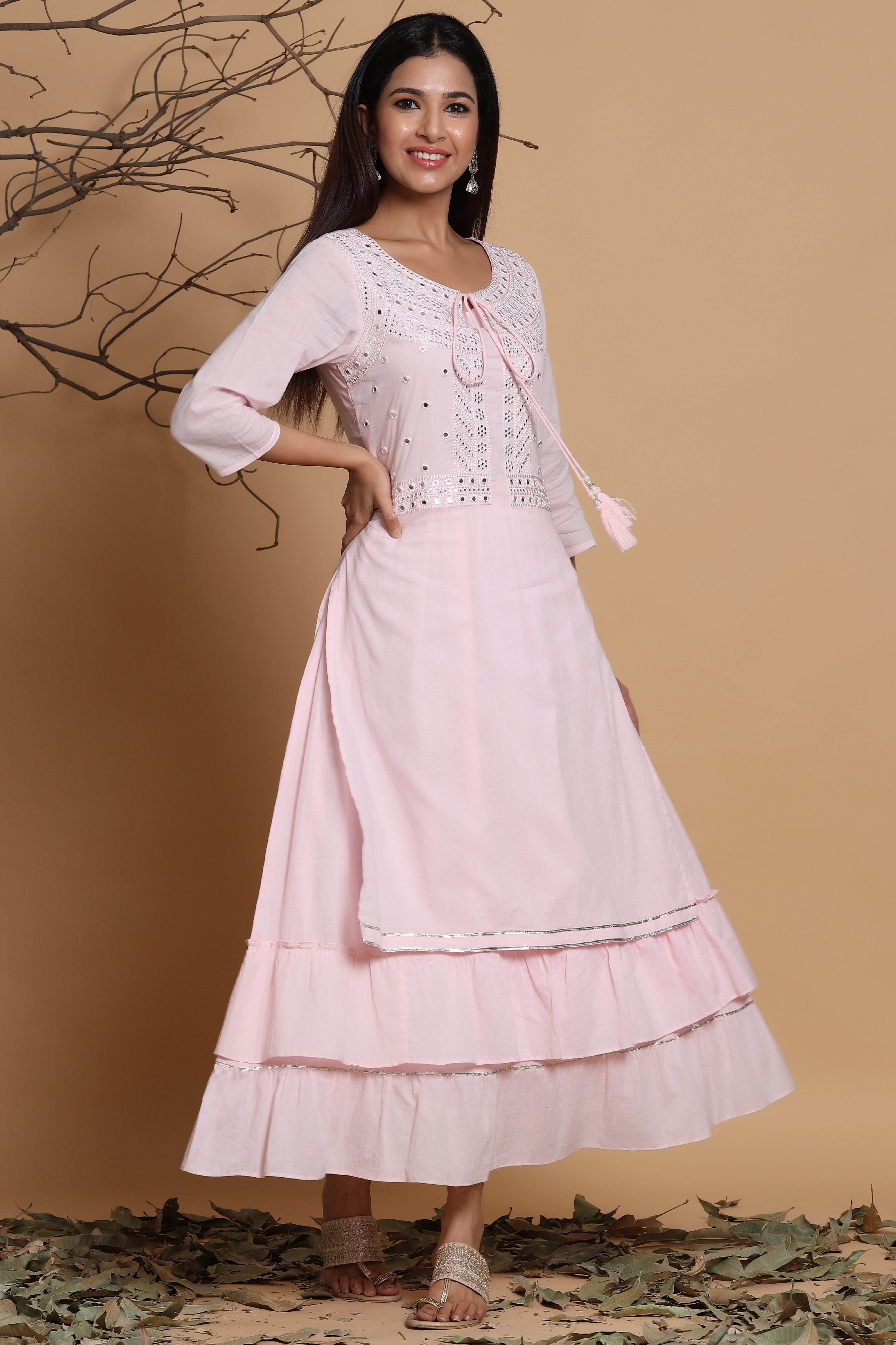 Juniper Pink Cotton Embroidered Layered Maxi Dress With Dori Tassels - Distacart
