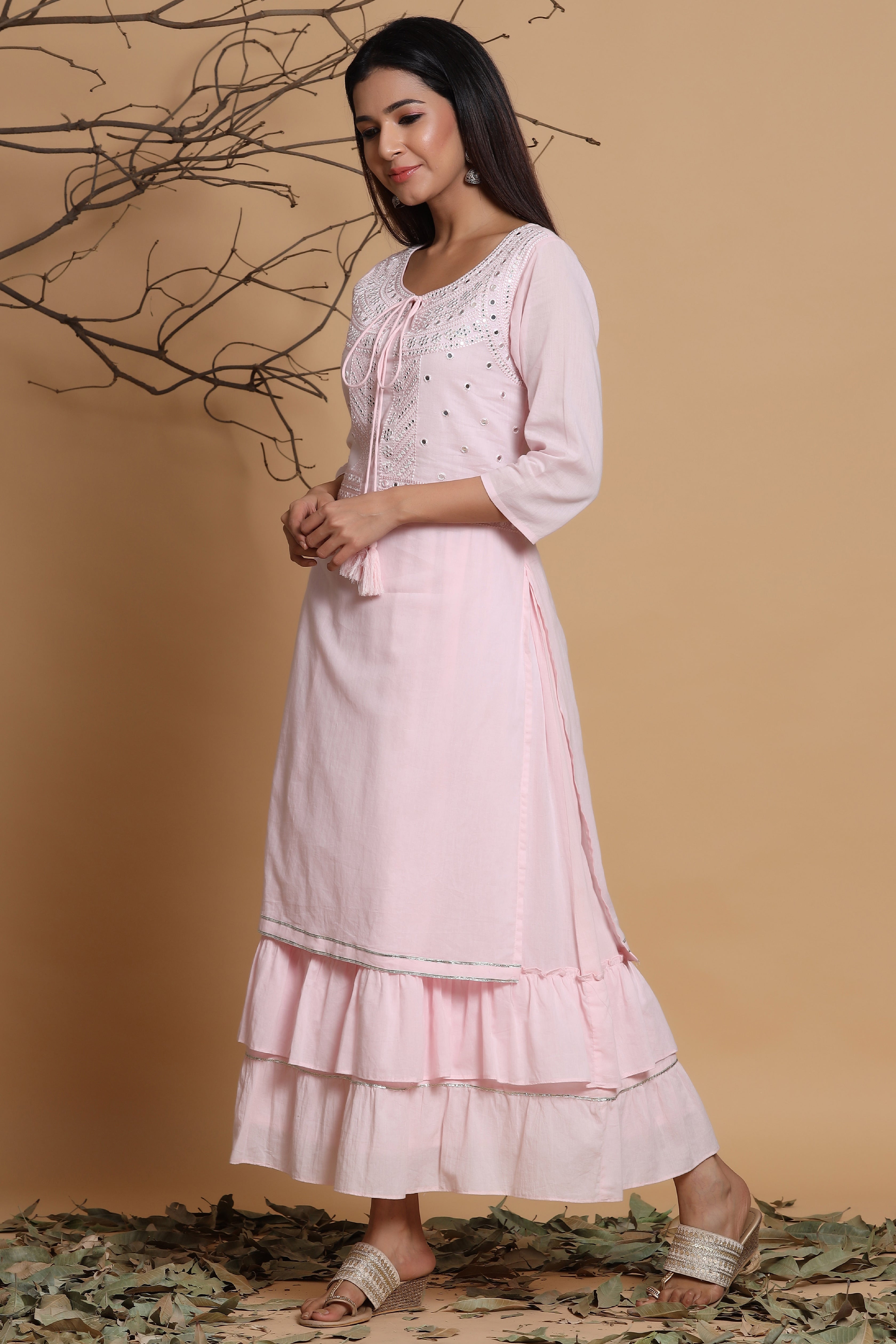 Juniper Pink Cotton Embroidered Layered Maxi Dress With Dori Tassels - Distacart