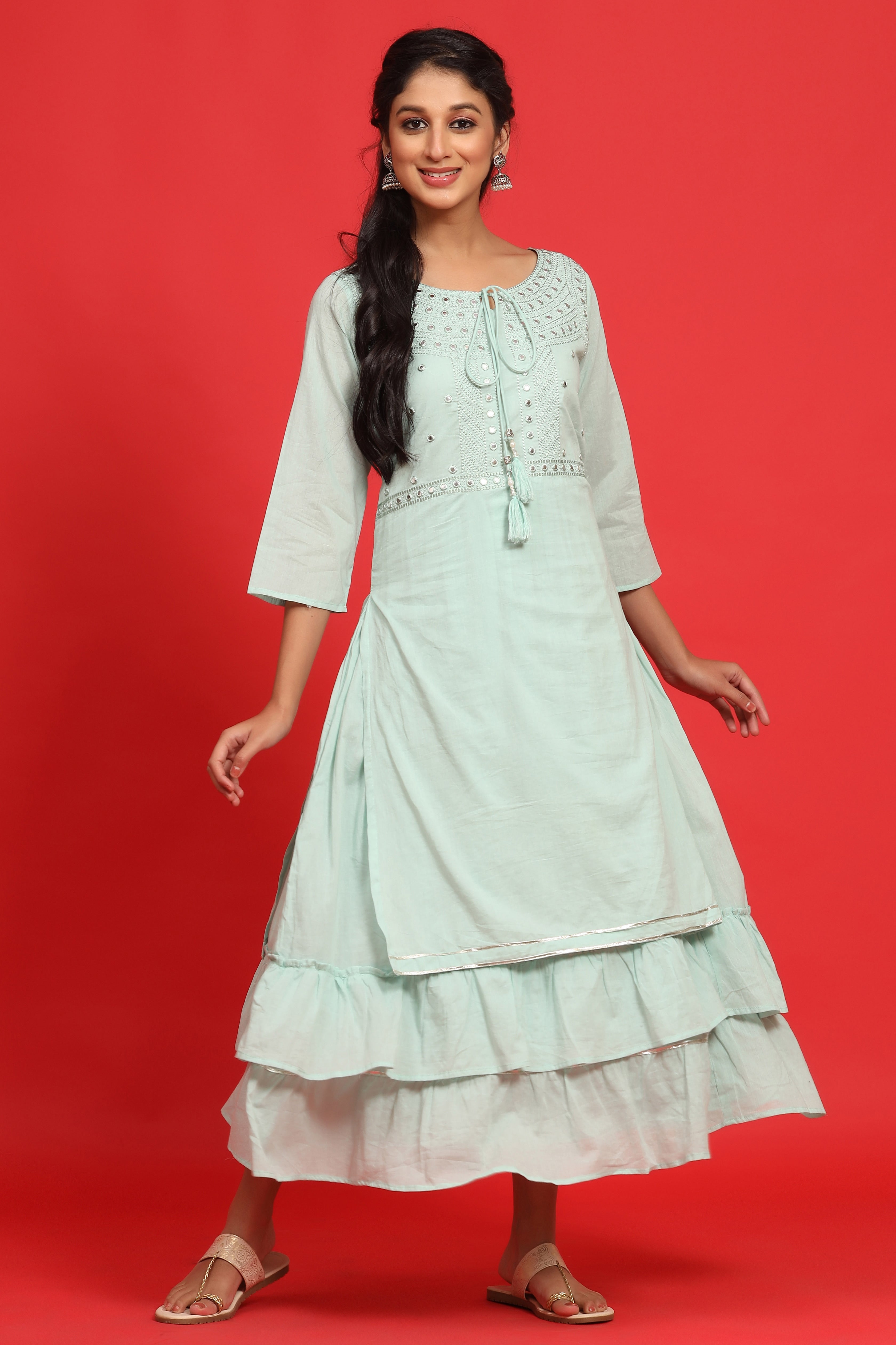 Juniper Sage Green Cotton Embroidered Layered Maxi Dress With Dori Tassels - Distacart