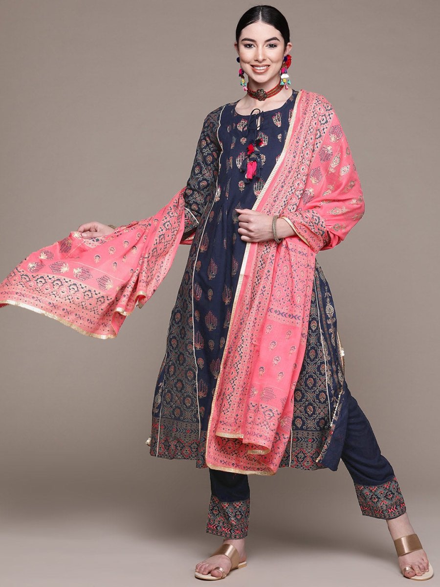 Anubhutee Women Navy Blue Floral Thread Work Kurta with Palazzos & With Dupatta - Distacart