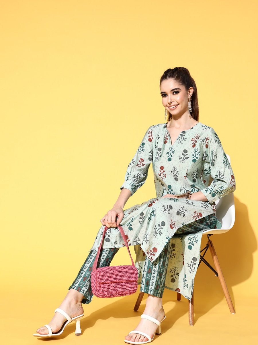 All About You Women Calm Green Ethnic Motifs Print Parade Kurta with Trousers - Distacart