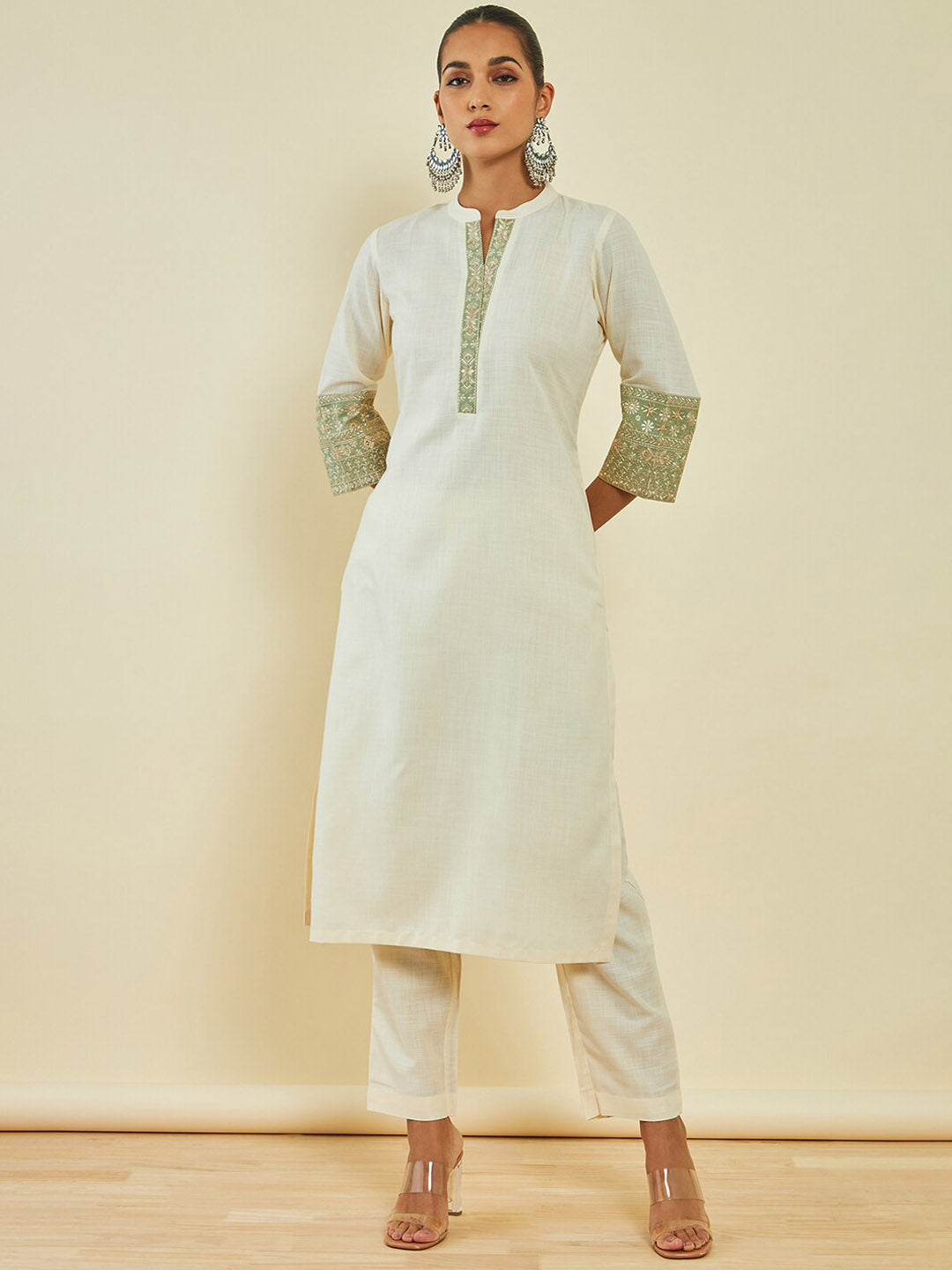 Soch Off White Floral Embroidered Regular Kurta With Trousers - Distacart