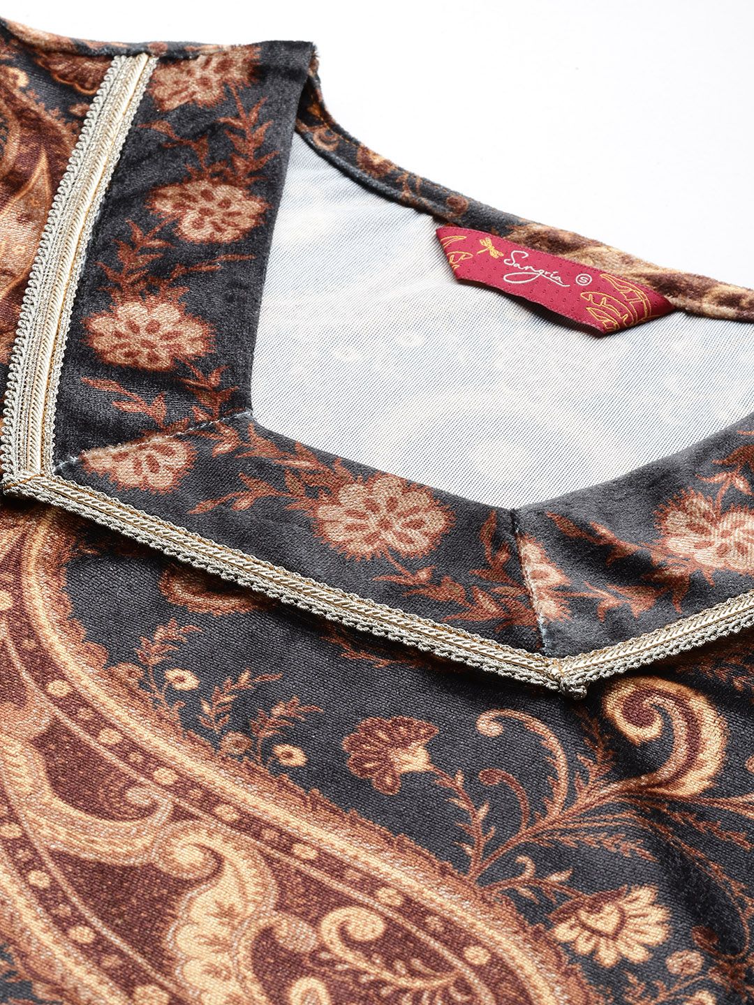 Sangria Velvet Finish Paisley Design Gotta Patti Kurta with Palazzos - Distacart