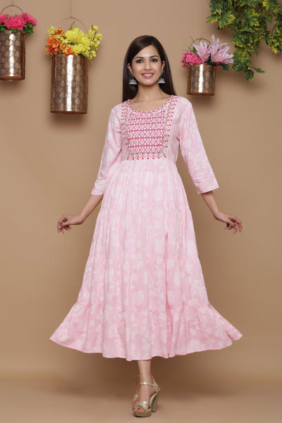 Juniper Baby Pink Ethnic Motif Printed Rayon Tiered Maxi Dress With Mirror Work Embroidery - Distacart