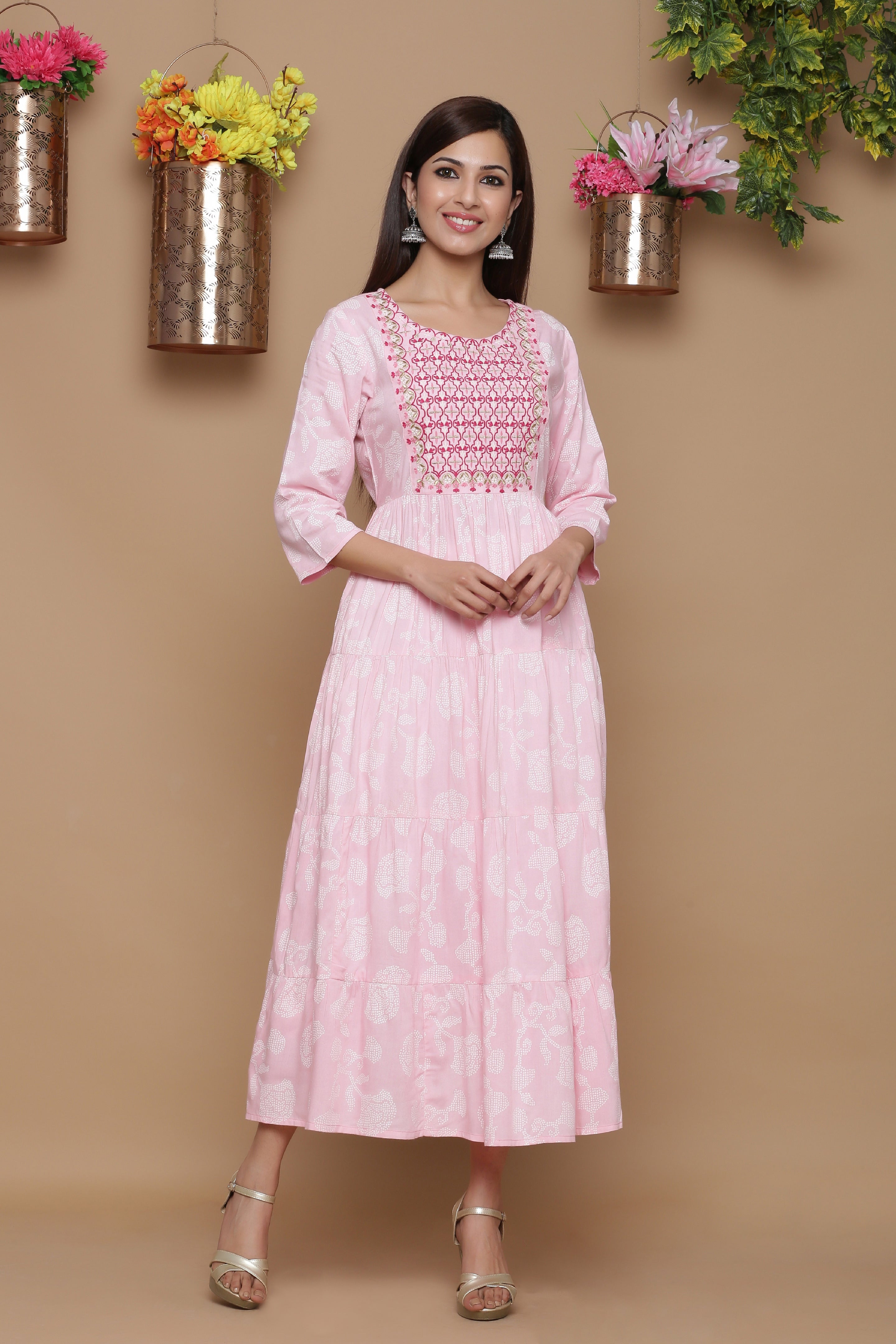 Juniper Baby Pink Ethnic Motif Printed Rayon Tiered Maxi Dress With Mirror Work Embroidery - Distacart
