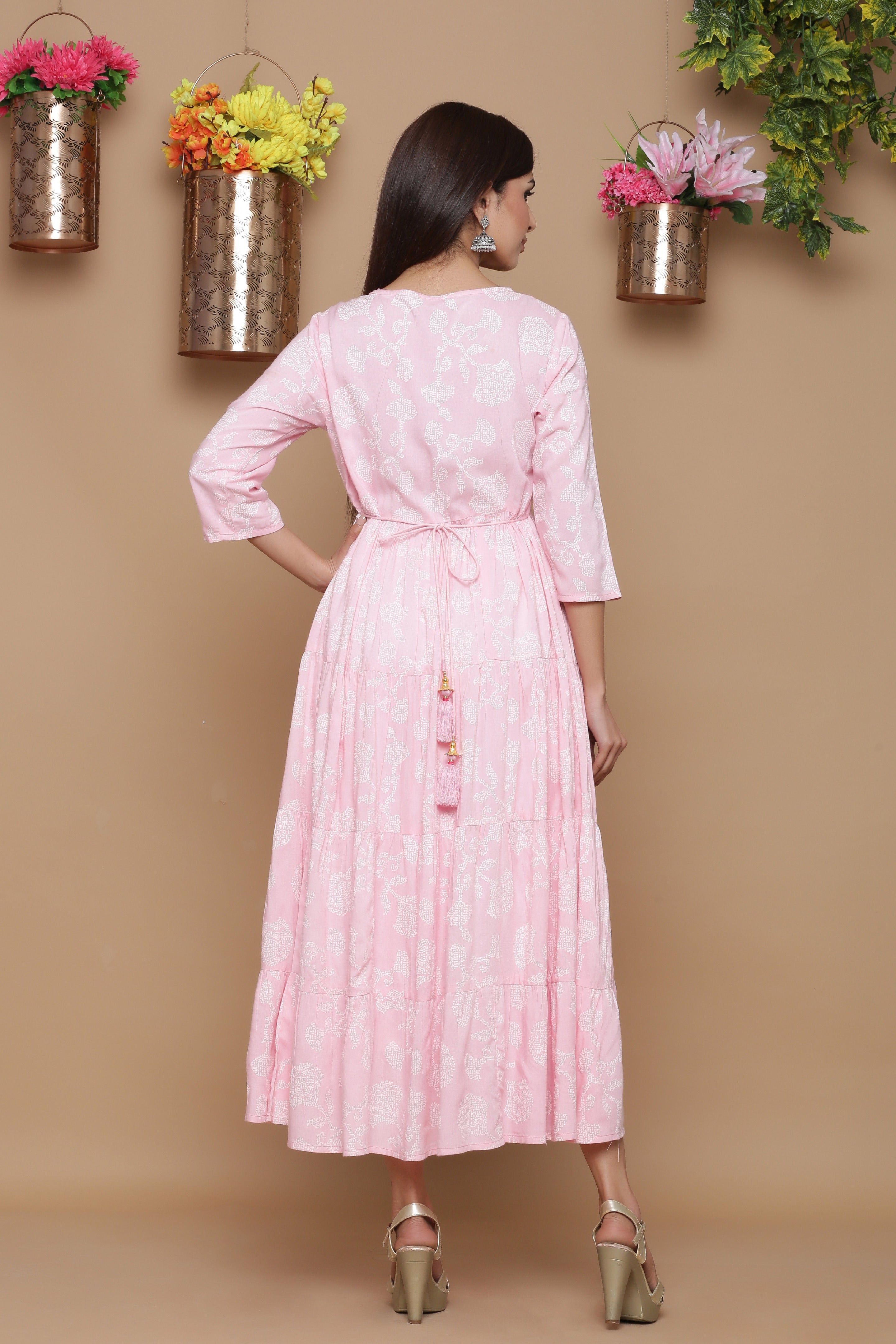 Juniper Baby Pink Ethnic Motif Printed Rayon Tiered Maxi Dress With Mirror Work Embroidery - Distacart