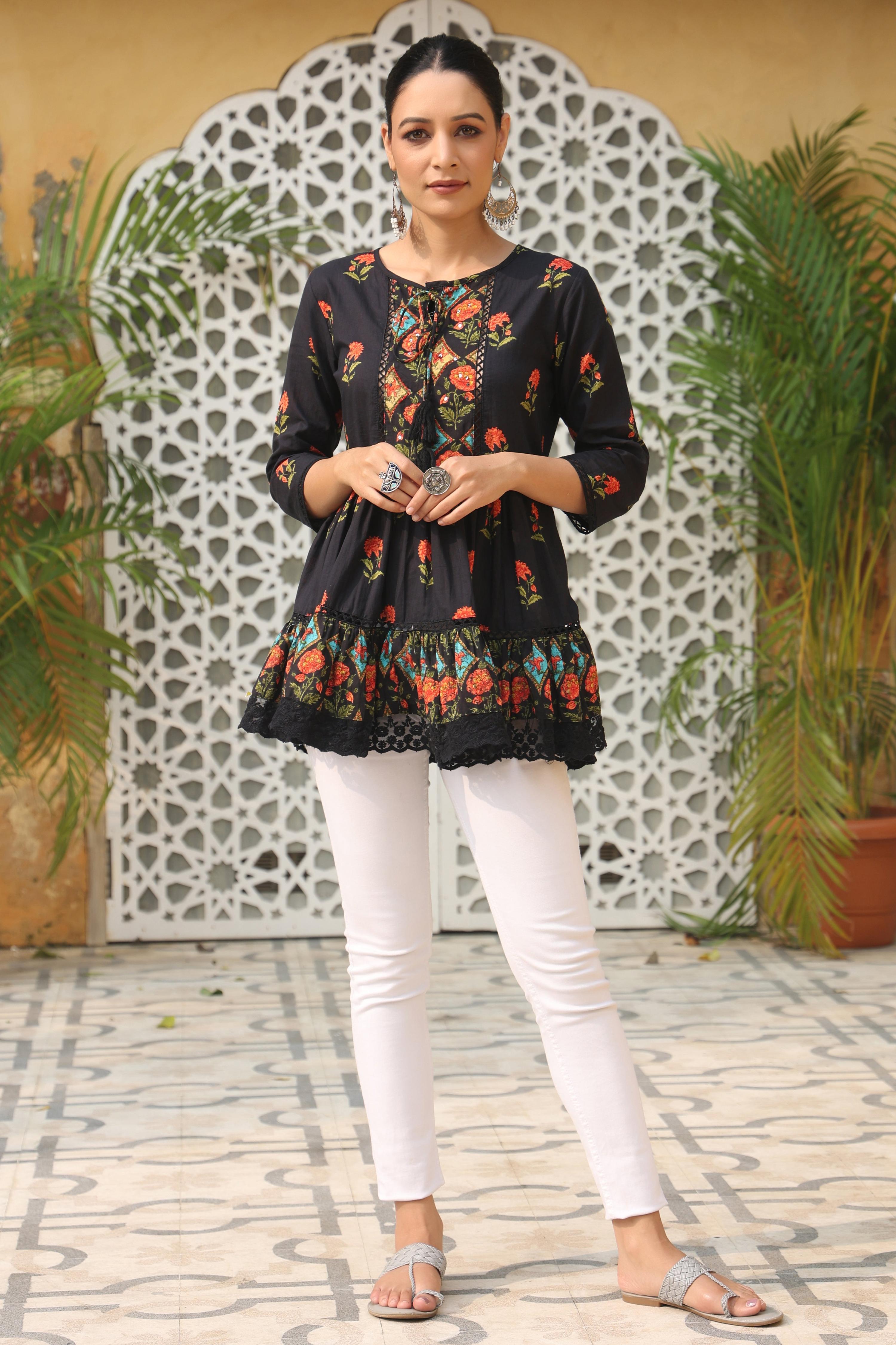 Juniper Black Floral Printed Peplum Pure Cotton Tunic With Lace - Distacart