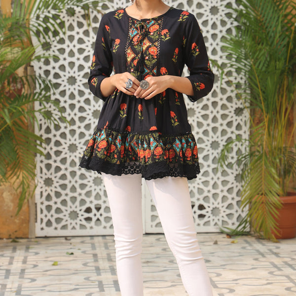 Juniper Black Floral Printed Peplum Pure Cotton Tunic With Lace - Distacart