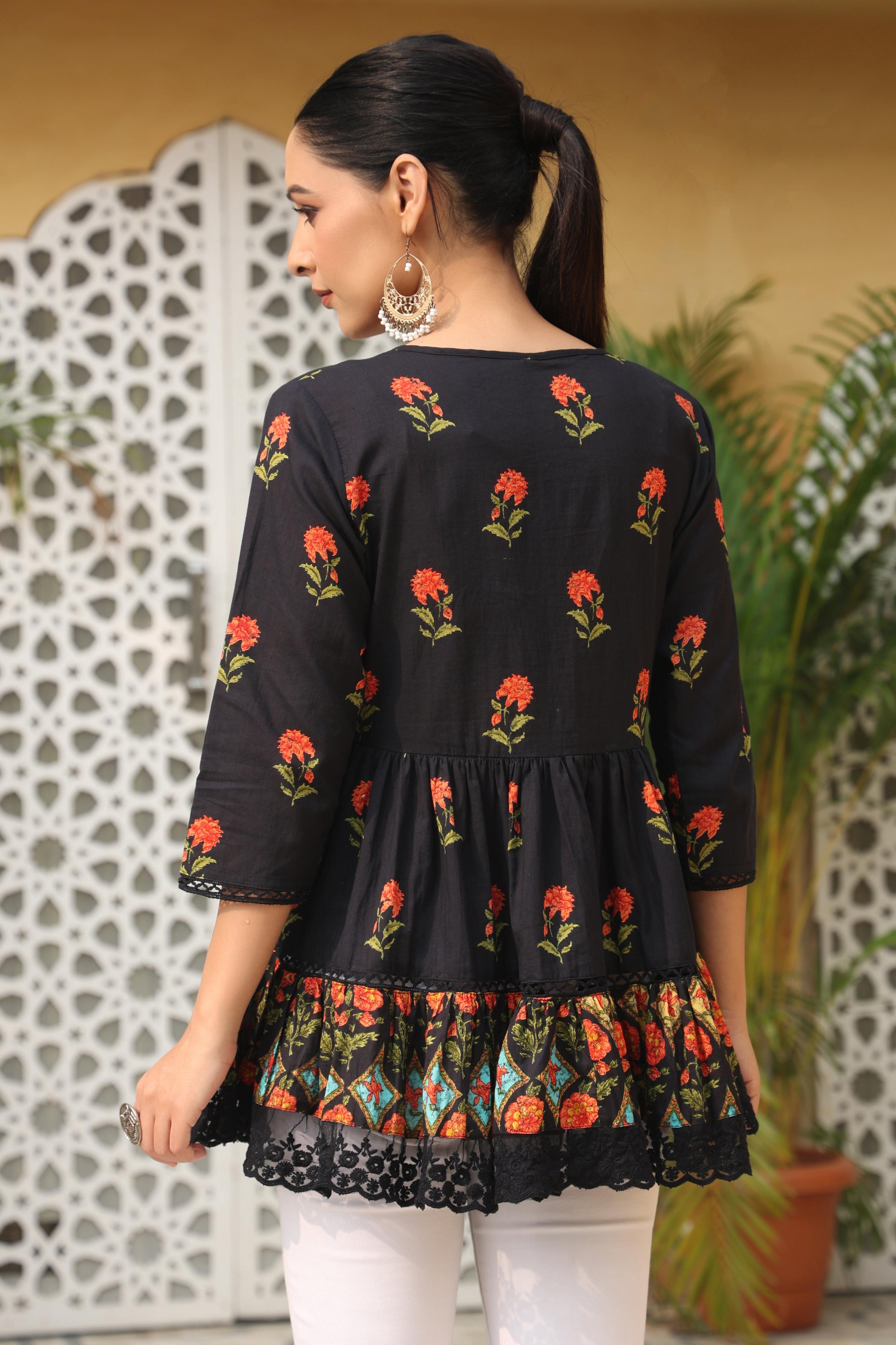 Juniper Black Floral Printed Peplum Pure Cotton Tunic With Lace - Distacart