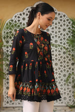 Thumbnail for Juniper Black Floral Printed Peplum Pure Cotton Tunic With Lace - Distacart