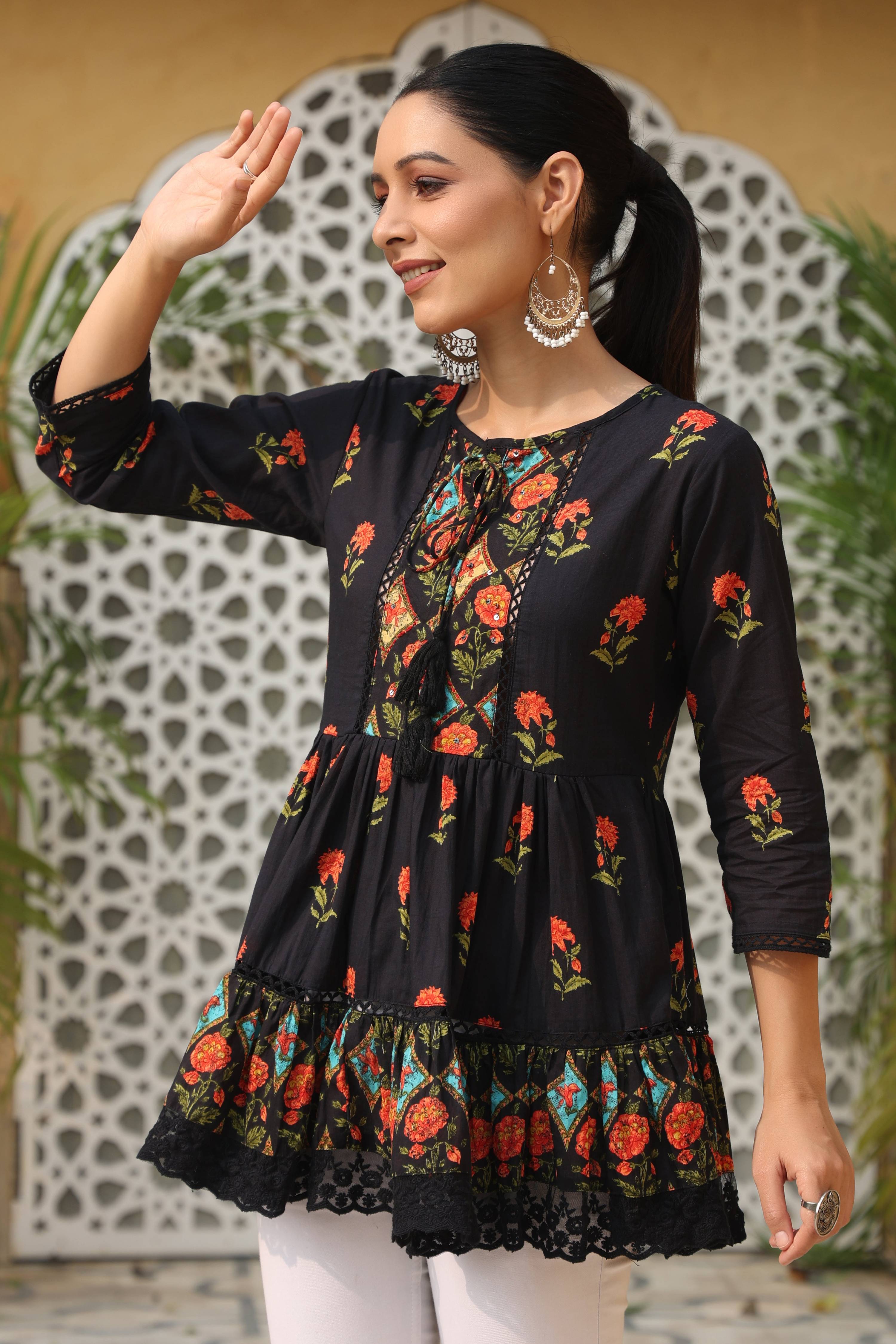 Juniper Black Floral Printed Peplum Pure Cotton Tunic With Lace - Distacart