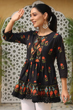 Thumbnail for Juniper Black Floral Printed Peplum Pure Cotton Tunic With Lace - Distacart