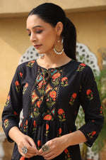 Thumbnail for Juniper Black Floral Printed Peplum Pure Cotton Tunic With Lace - Distacart