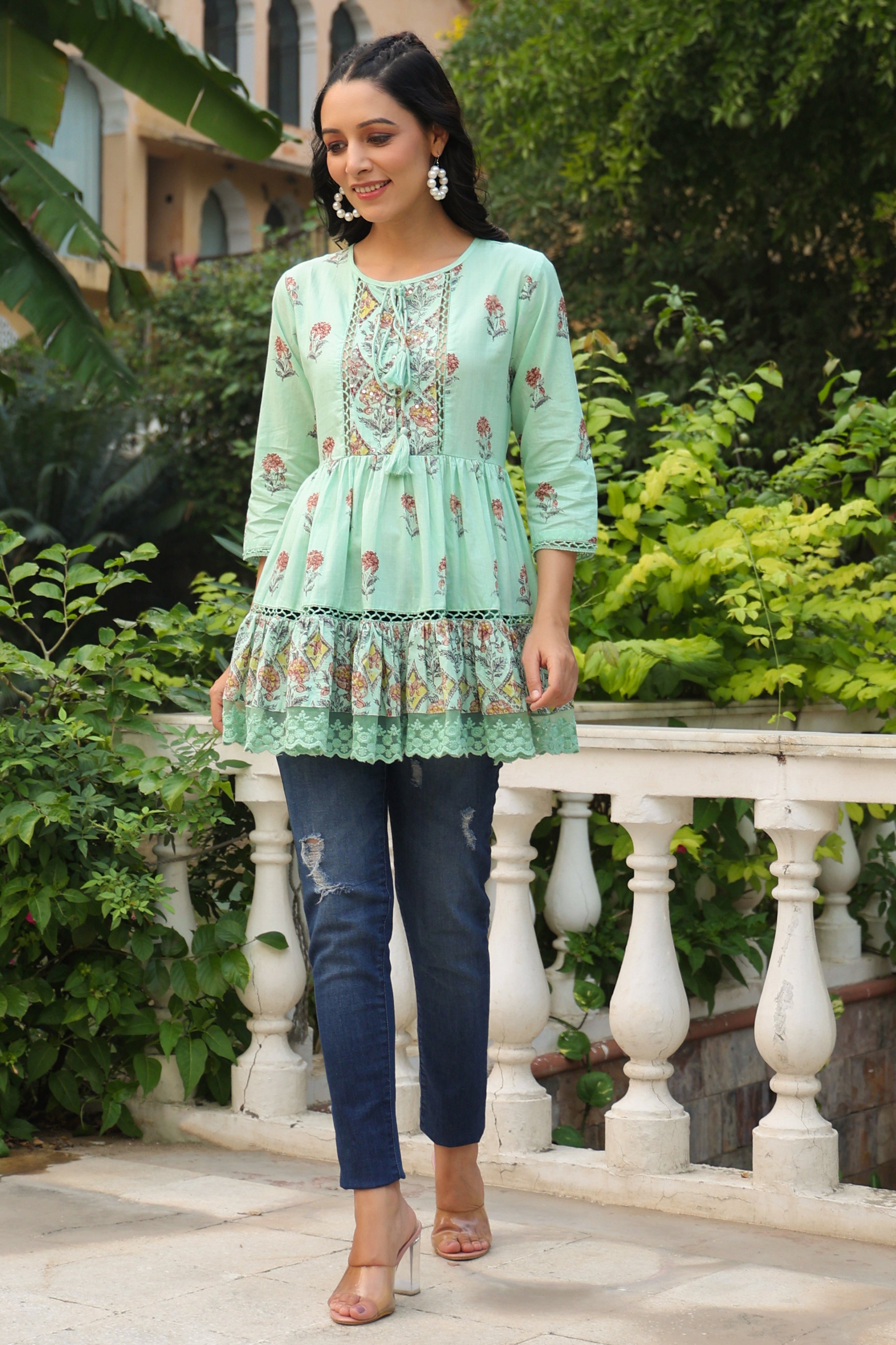 Juniper Pista Green Floral Printed Pure Cotton Peplum Tunic With Lace - Distacart