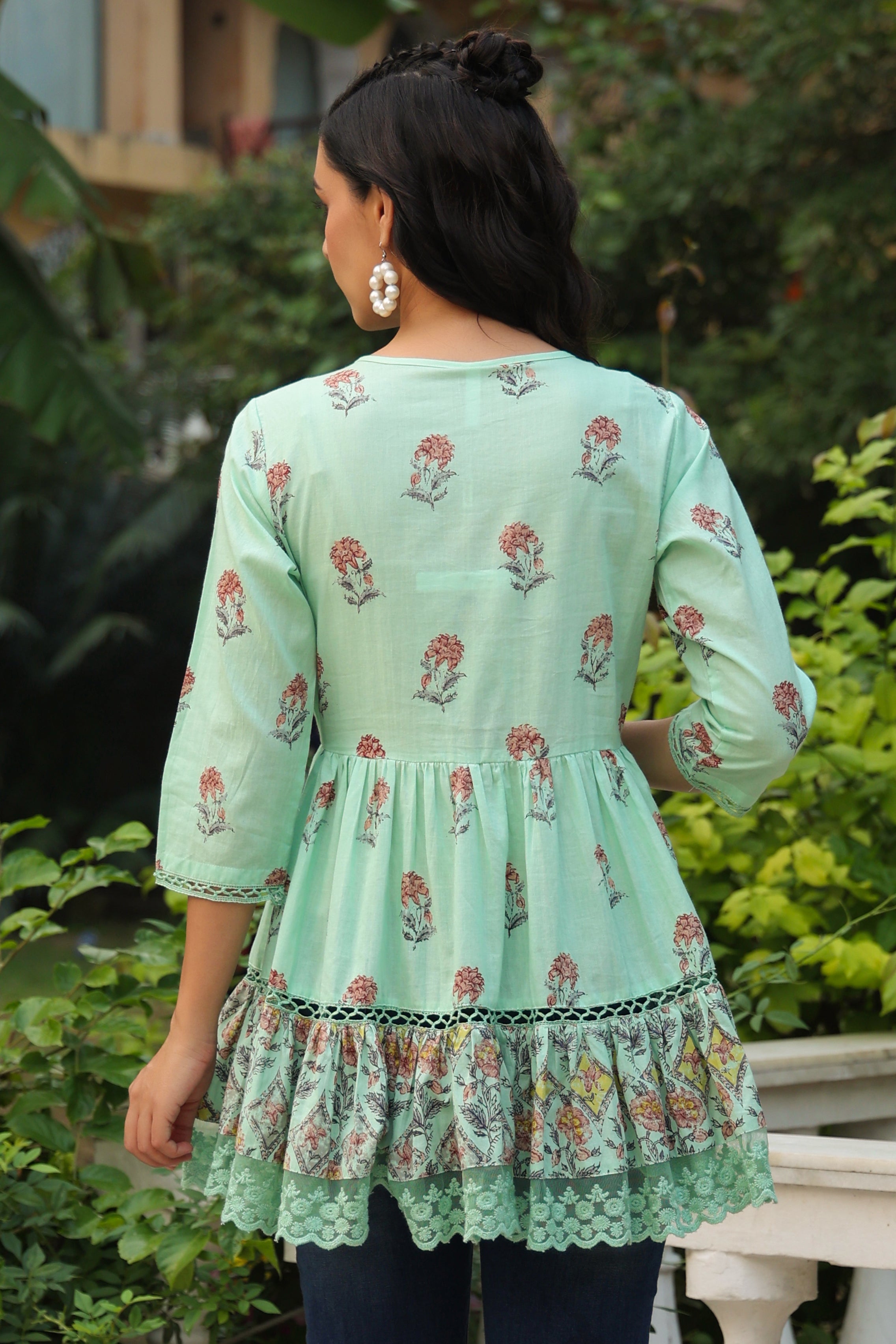 Juniper Pista Green Floral Printed Pure Cotton Peplum Tunic With Lace - Distacart
