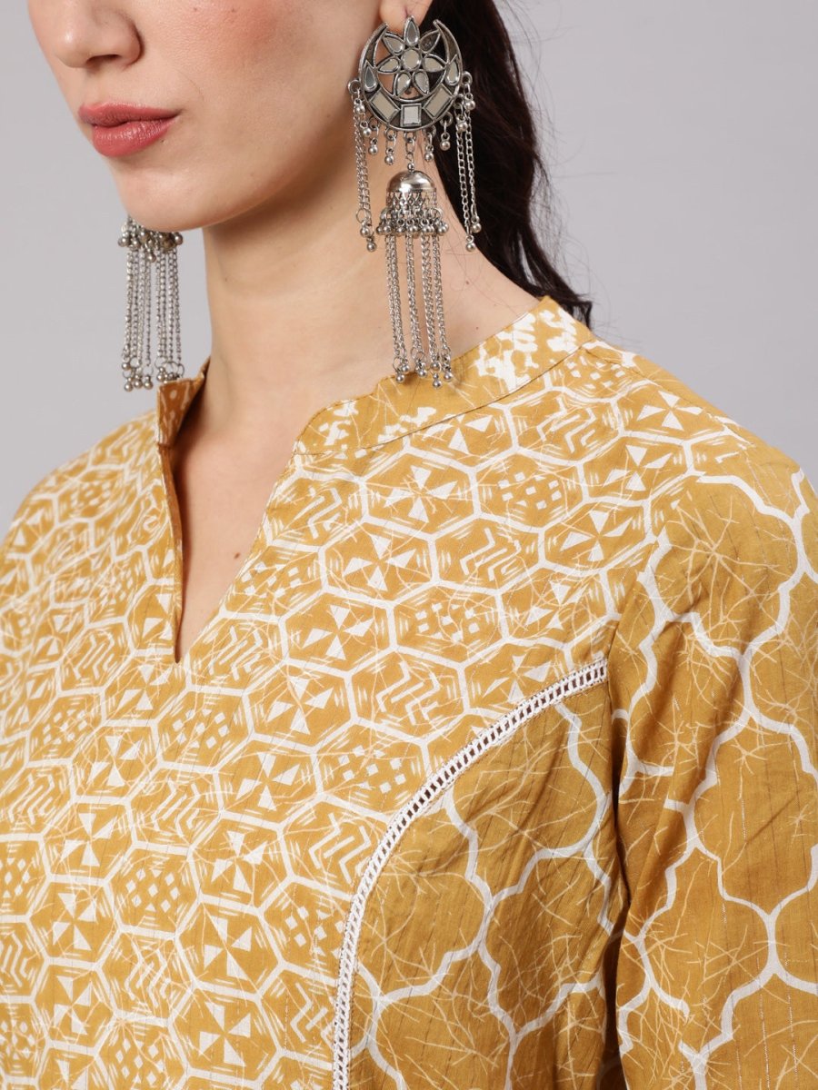 Aks Geometric Printed Mandarin Collar Cotton A-Line Kurta - Distacart