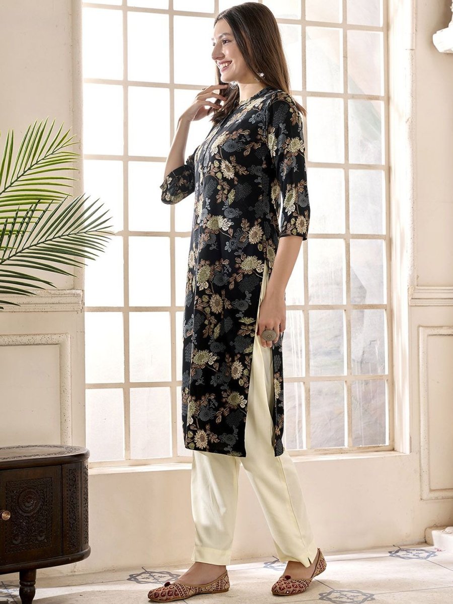 Anouk Black Floral Printed Mandarin Collar Thread Work A-Line Kurta