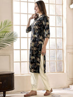 Thumbnail for Anouk Black Floral Printed Mandarin Collar Thread Work A-Line Kurta