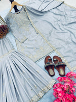 Thumbnail for Teeya Creation Grey Color Chinnon Silk Embroidery Work Wedding Wear Salwar Suit - Distacart